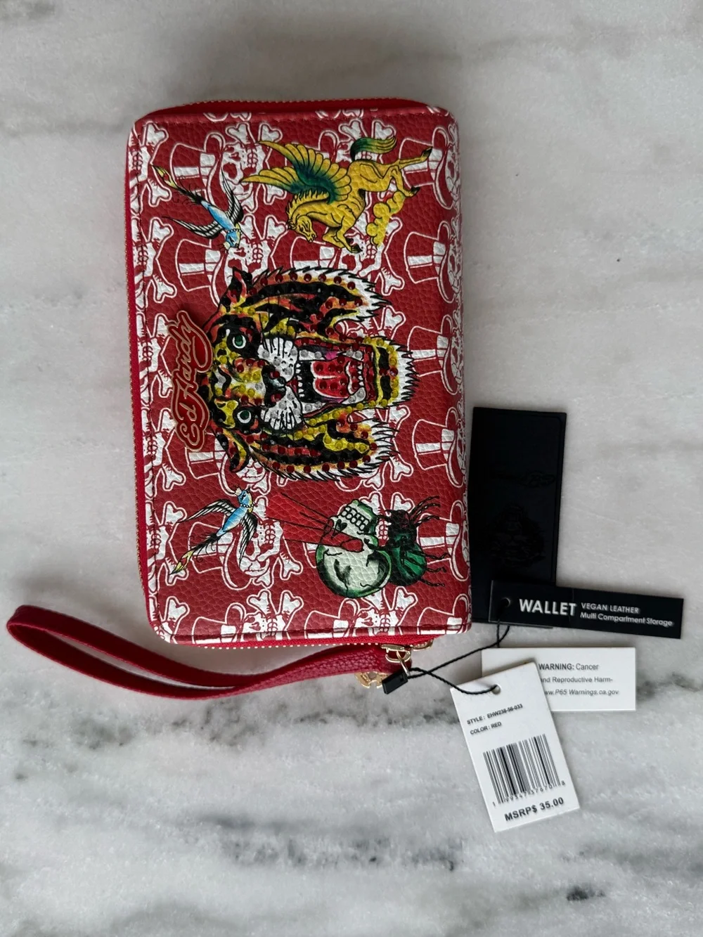Ed Hardy NWT Tiger Tattoo Zip Around Wristlet Wallet Red Vegan Leather Y2K